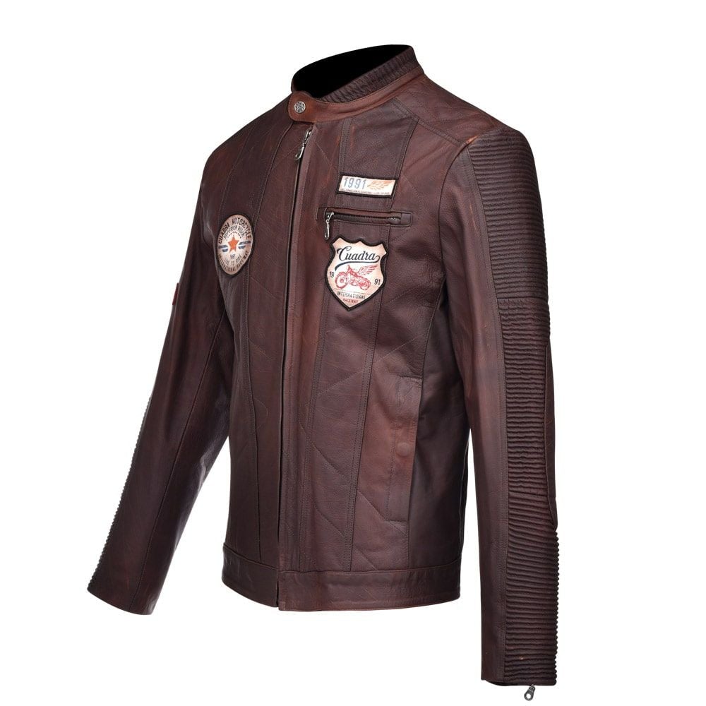 H195BOC - Cuadra brown fashion moto racer patched leather jacket for men-Kuet.us