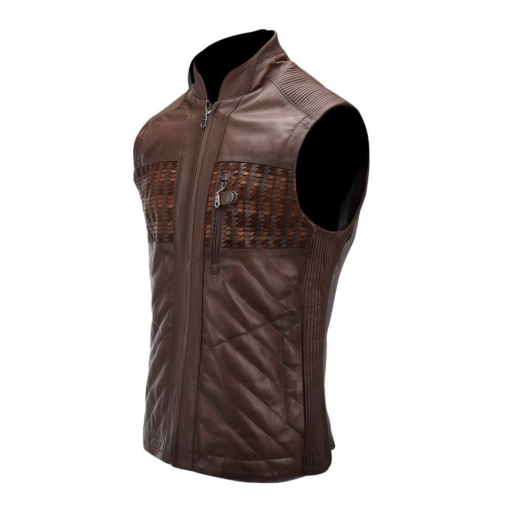 H196BOA - Cuadra brown fashion racer quilted woven leather vest for men-Kuet.us
