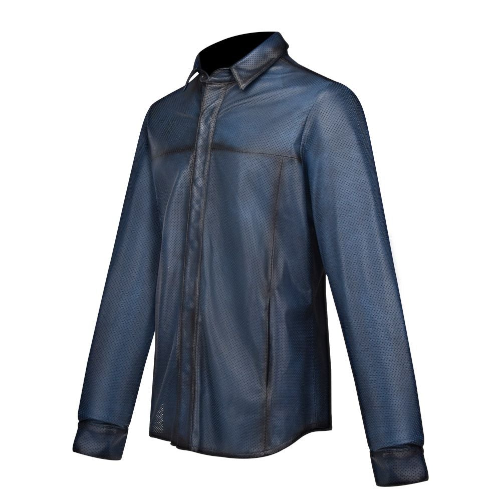 H265COC - Cuadra denim blue western fashion leather shirt jacket for men-Kuet.us