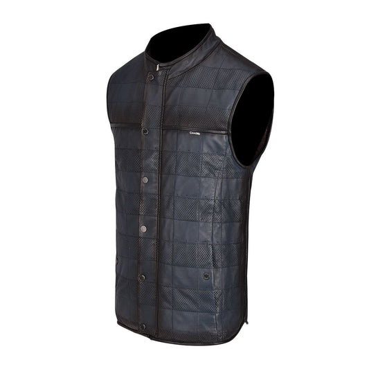 H303BOB - Cuadra blue casual fashion quilted cowhide leather racer vest for men-Kuet.us