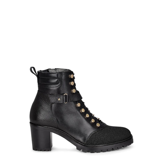 K34MTTS - Cuadra black fashion stingray ankle combat boots for women-Kuet.us