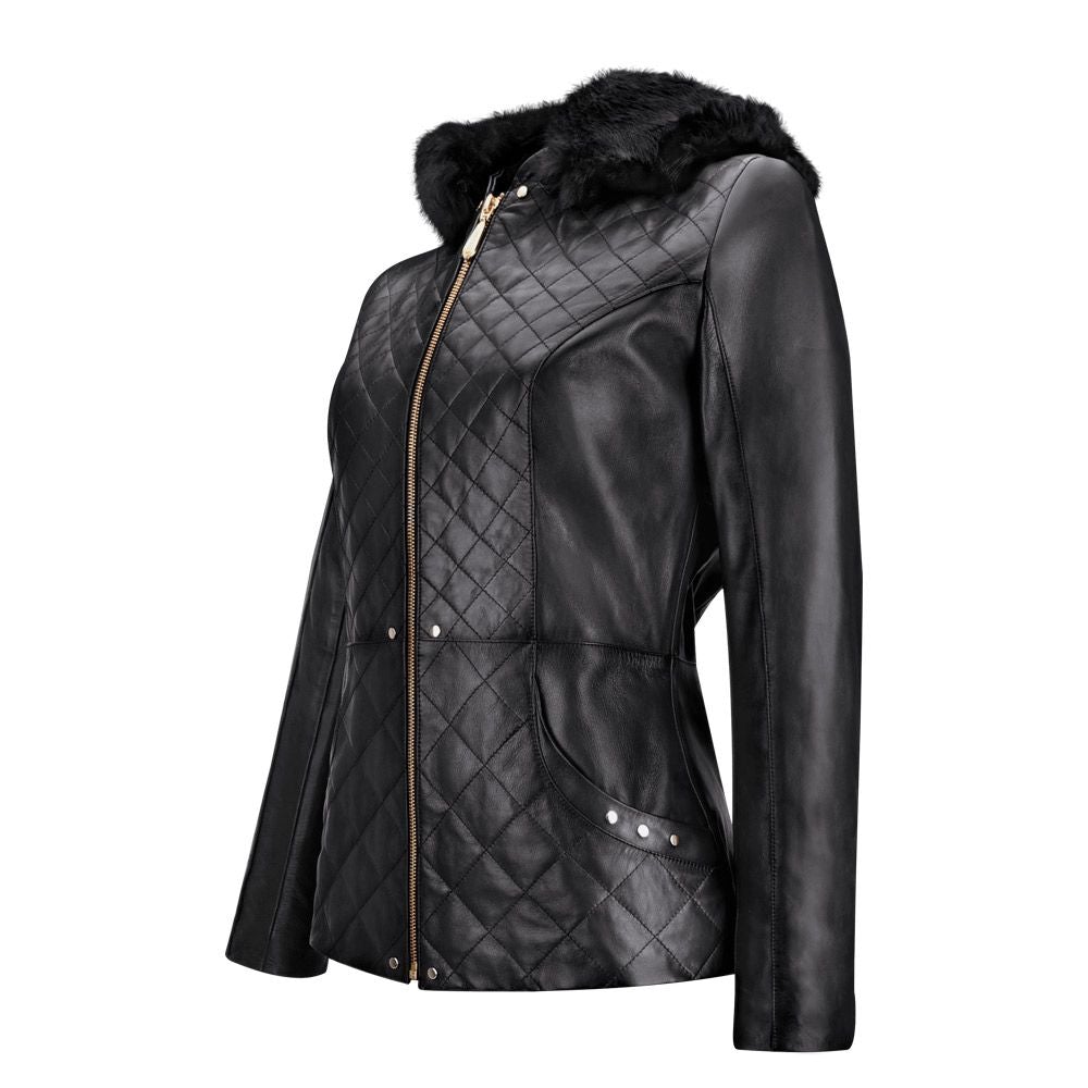 M259COC - Cuadra black fashion sheepskin quilted parka jacket for women-Kuet.us