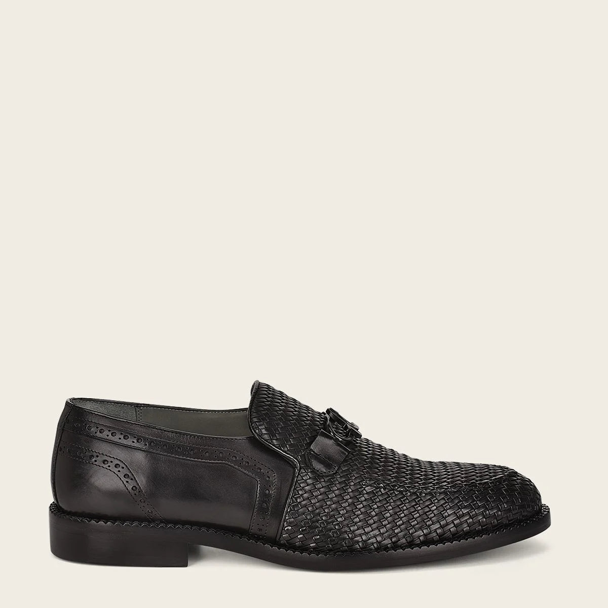 Q94TEBU - Black casual woven leather loafer shoe for men