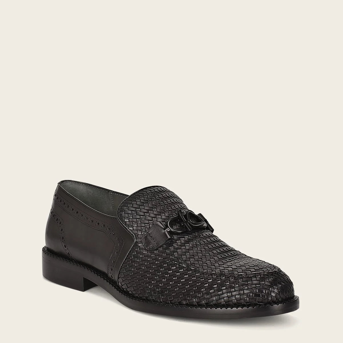 Q94TEBU - Black casual woven leather loafer shoe for men