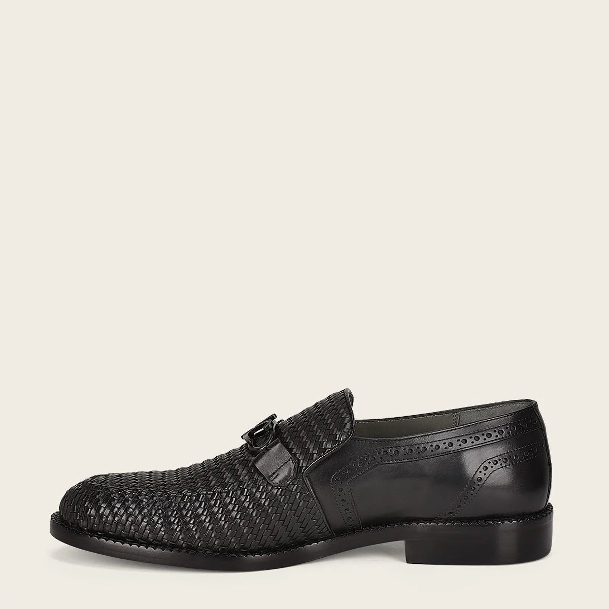 Q94TEBU - Black casual woven leather loafer shoe for men