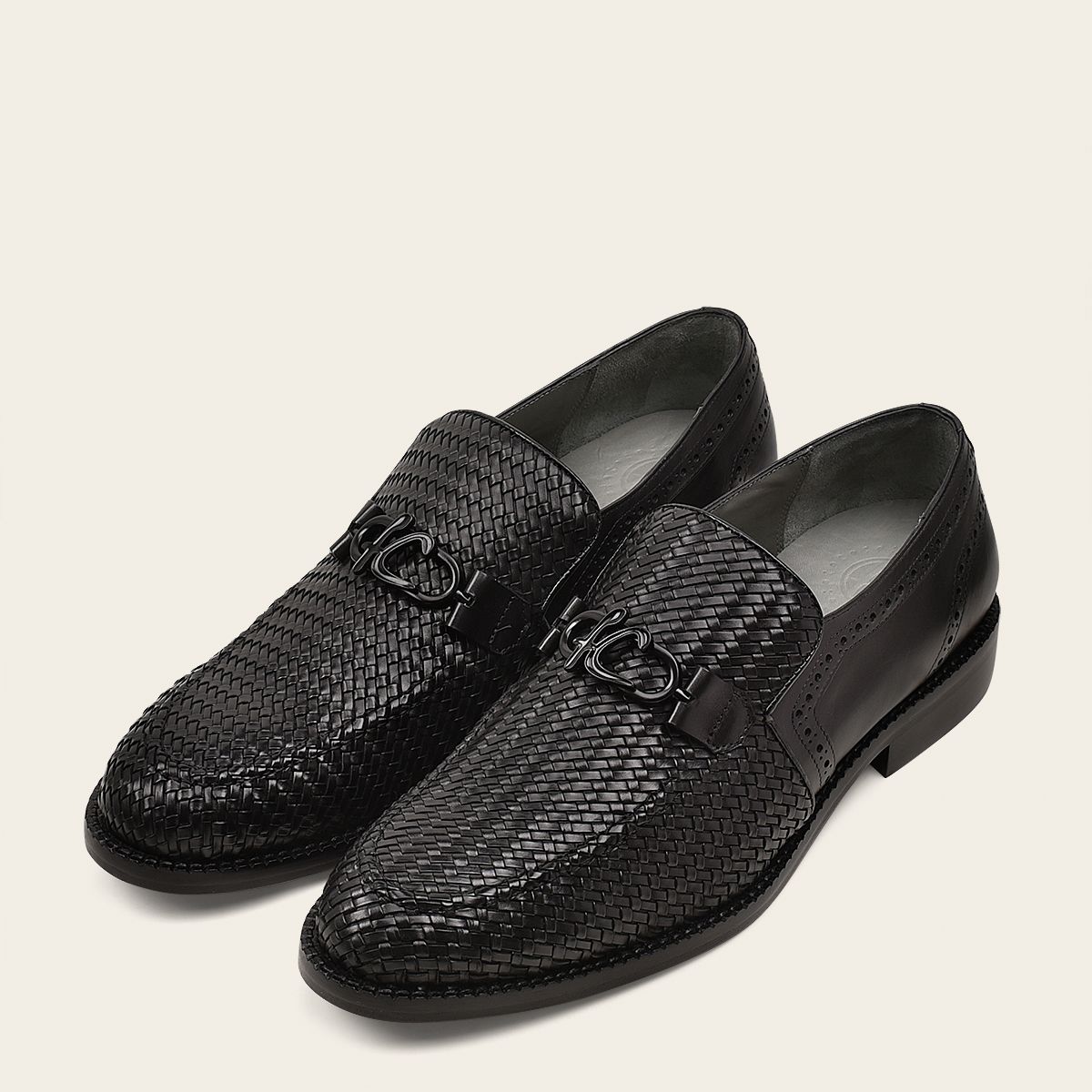 Q94TEBU - Black casual woven leather loafer shoe for men