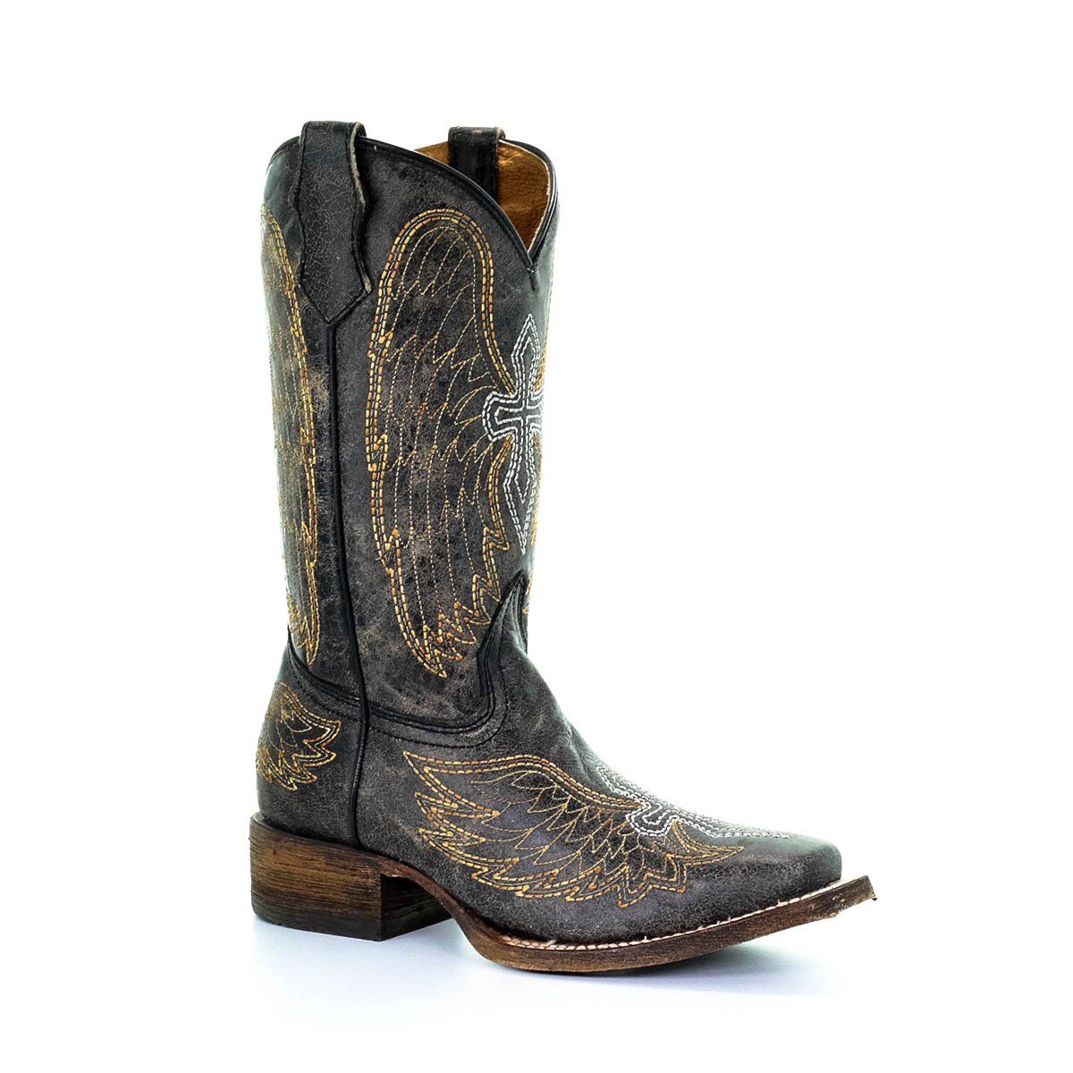 A1032 - Corral black roper western cowgirl leather boots for teens