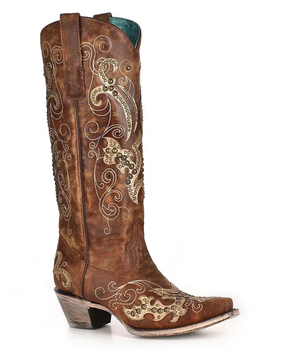 A3638 - Corral brown western cowgirl leather tall boots for women-Kuet.us