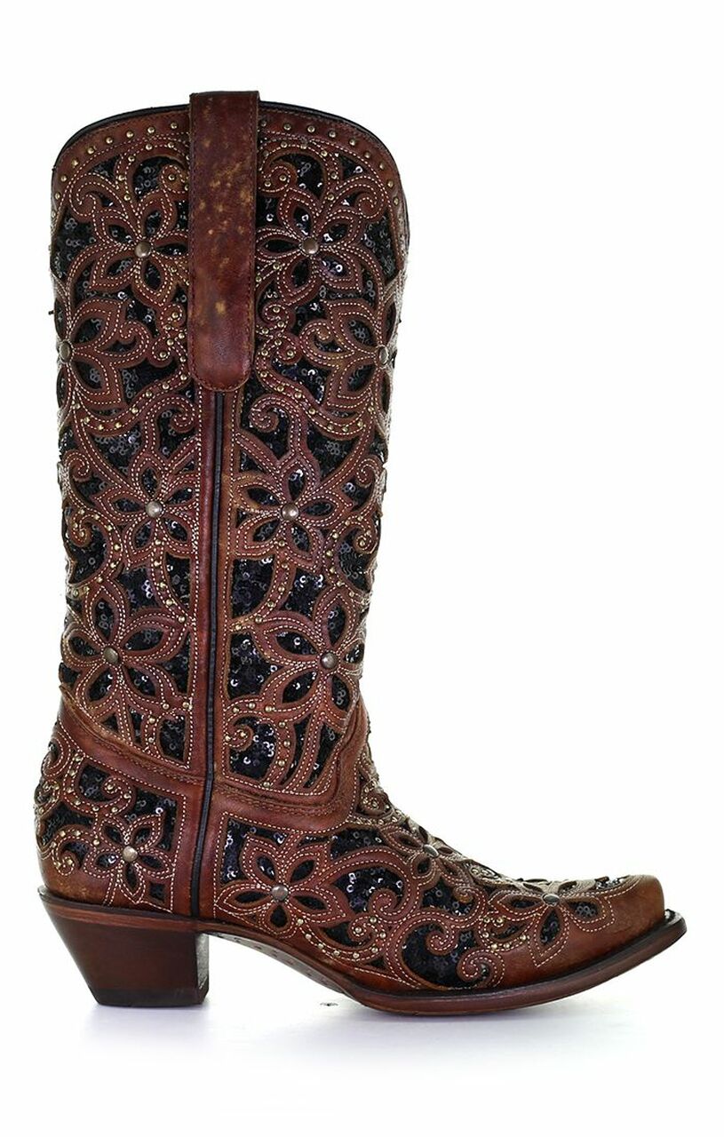 A4083 - Corral tan/black western cowgirl leather boots for women-Kuet.us