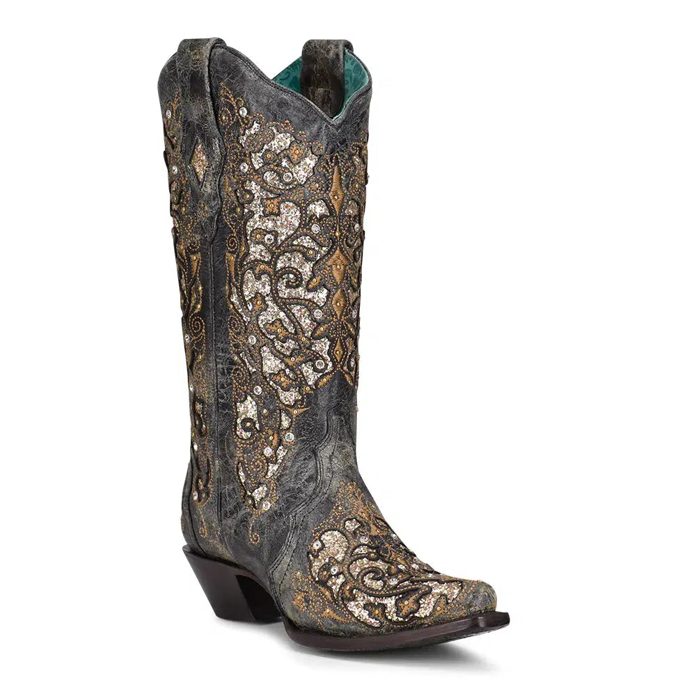 A4231 - Corral black western cowgirl leather sequins crystals tall boots women-Kuet.us