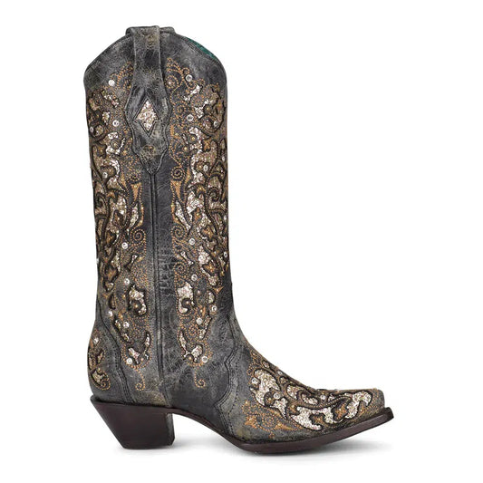 A4231 - Corral black western cowgirl leather sequins crystals tall boots women-Kuet.us