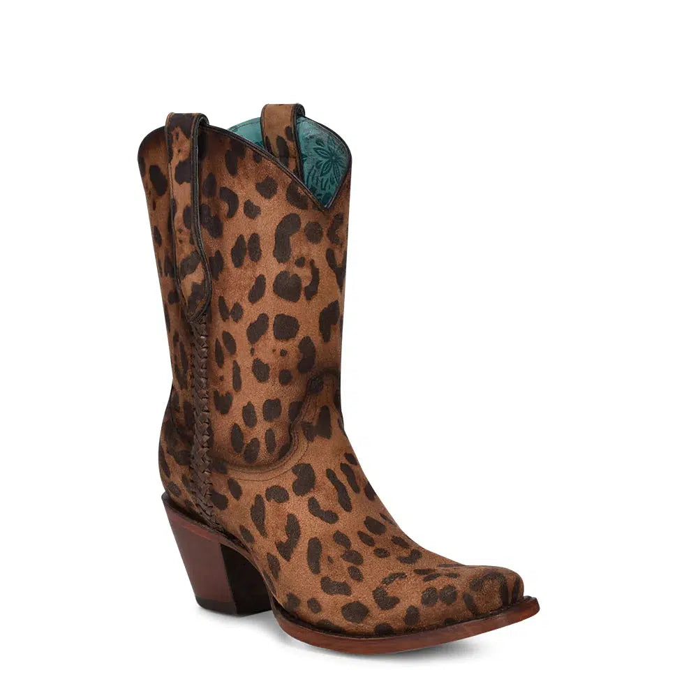 A4245 - Corral brown leopard western leather mid calf boots for women-Kuet.us