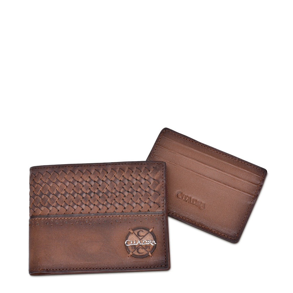 B3025RS - Cuadra brown fashion woven leather bi fold wallet for men