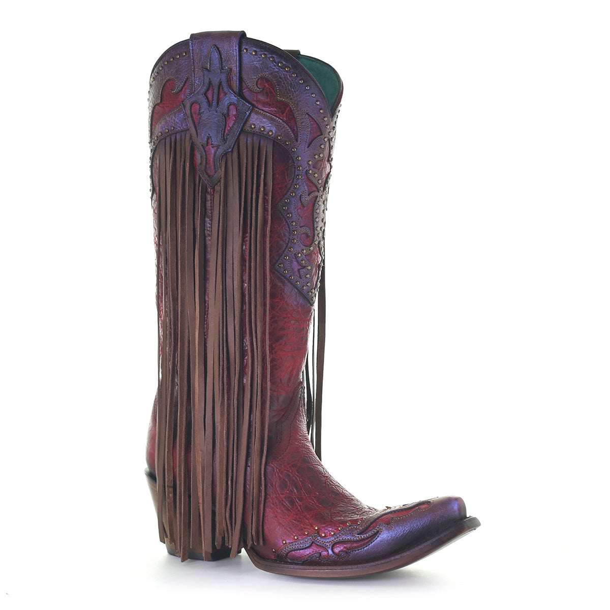 C3705 LD ROJO/ CAFE CORDERO LÁSER Y BORDADO Y TACHUELAS Y FLECOS TALL TOP