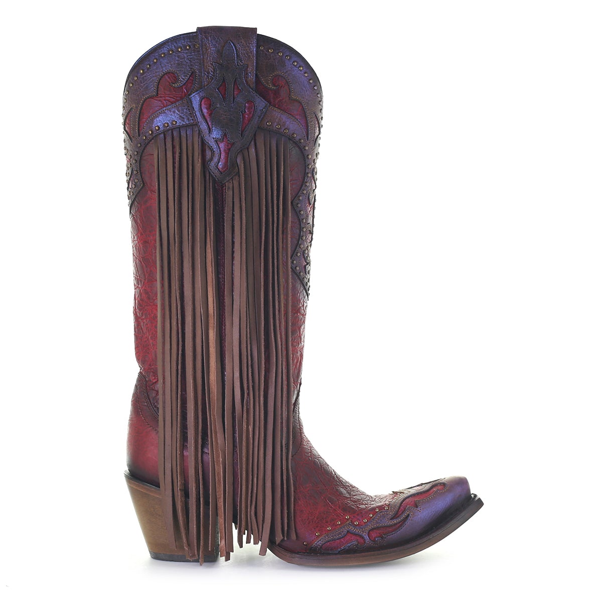C3705 LD ROJO/ CAFE CORDERO LÁSER Y BORDADO Y TACHUELAS Y FLECOS TALL TOP