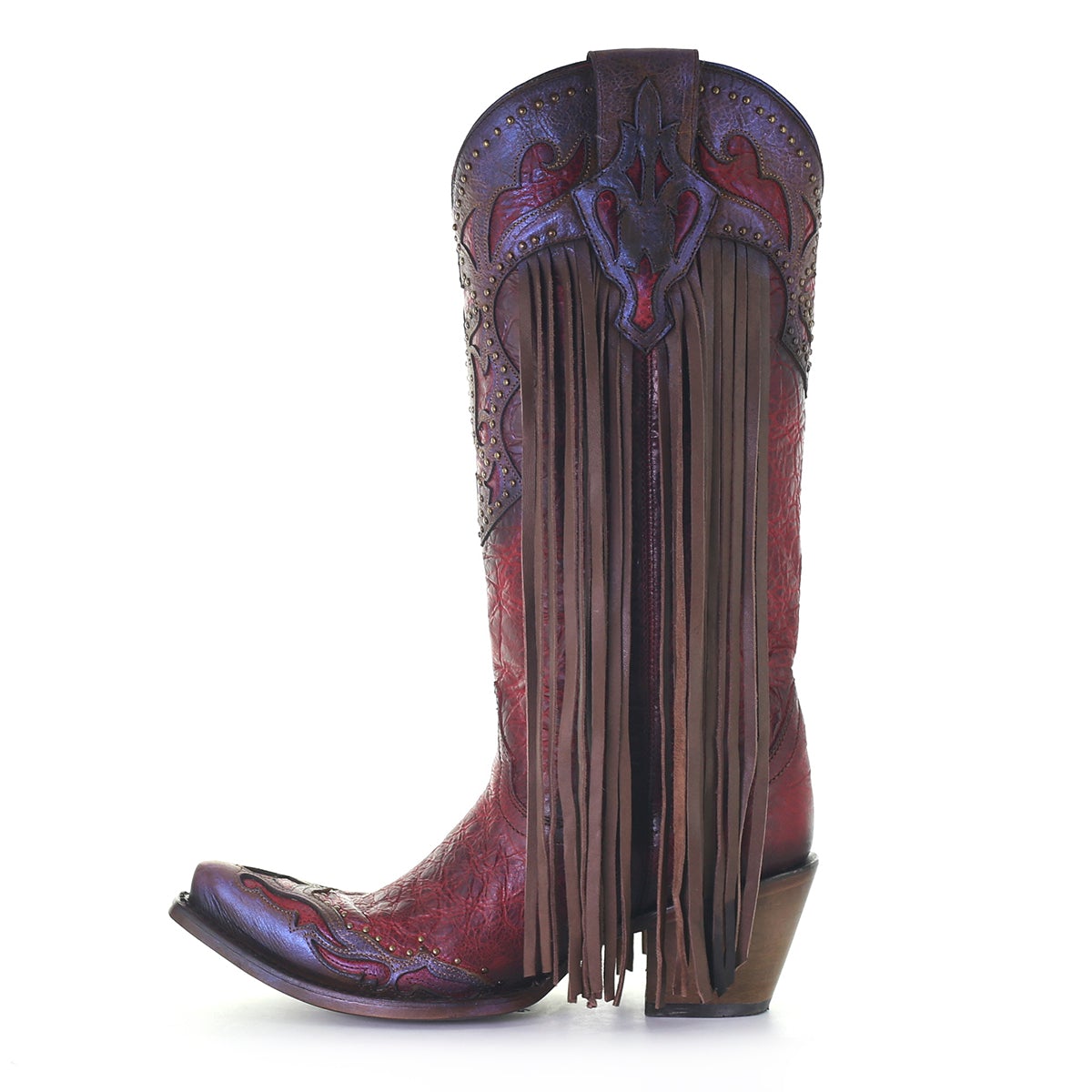 C3705 LD ROJO/ CAFE CORDERO LÁSER Y BORDADO Y TACHUELAS Y FLECOS TALL TOP