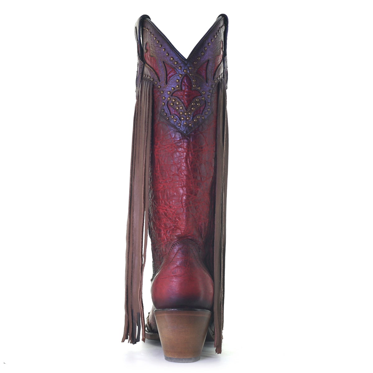 C3705 LD ROJO/ CAFE CORDERO LÁSER Y BORDADO Y TACHUELAS Y FLECOS TALL TOP