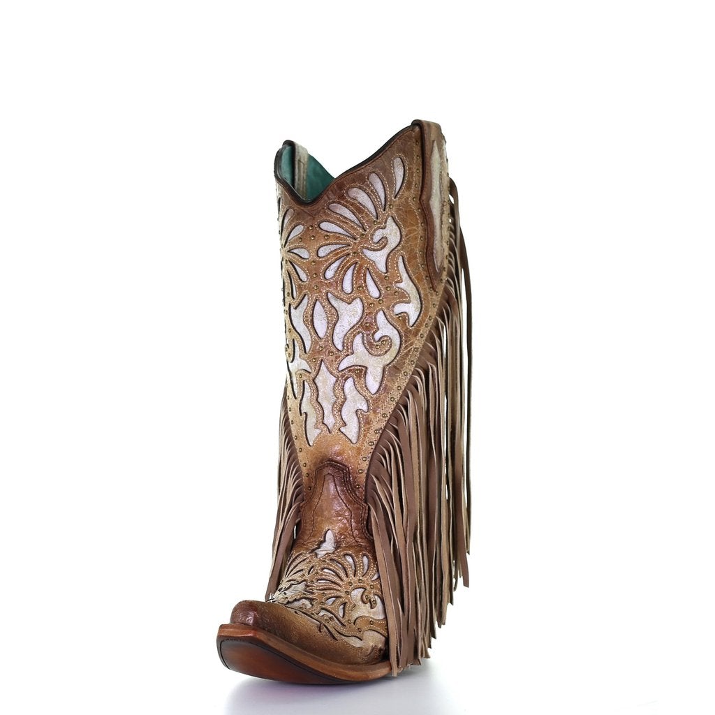 C3766- M Corral white and brown western cowgirl leather boots for women-Kuet.us