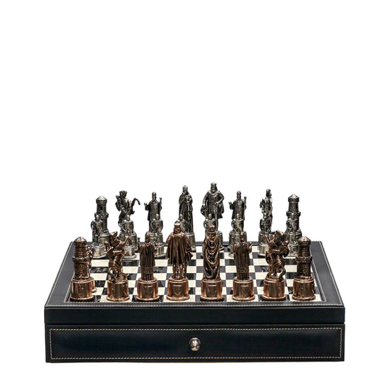 Tablero de ajedrez de mármol y piel NEGRO de lujo con piezas de ajedrez romanas