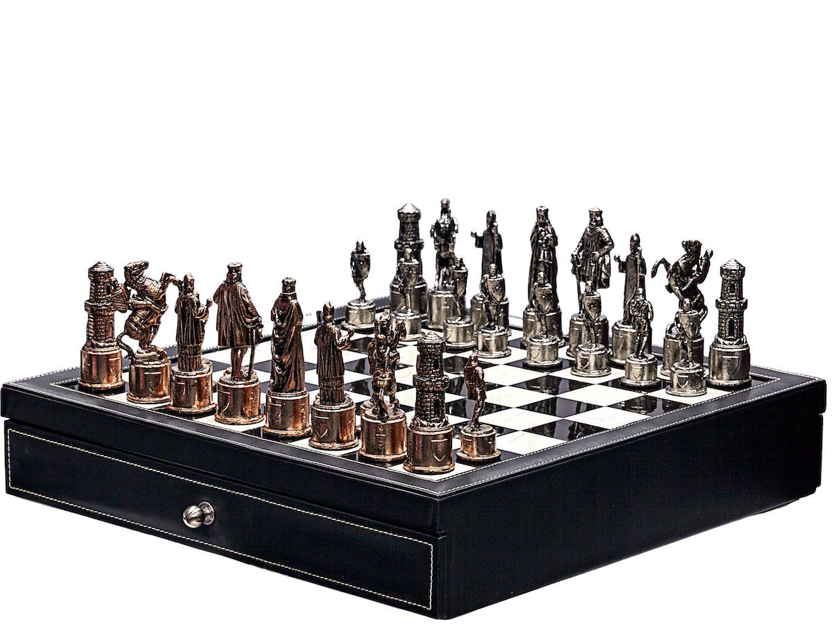 Luxury black leather and marble chess set board with roman chessmen