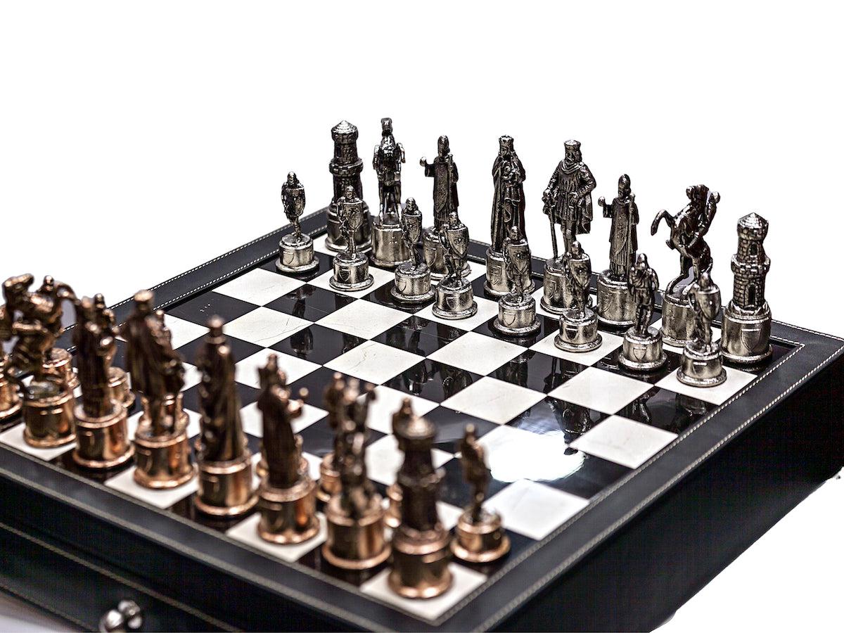 Luxury black leather and marble chess set board with roman chessmen-Kuet.us
