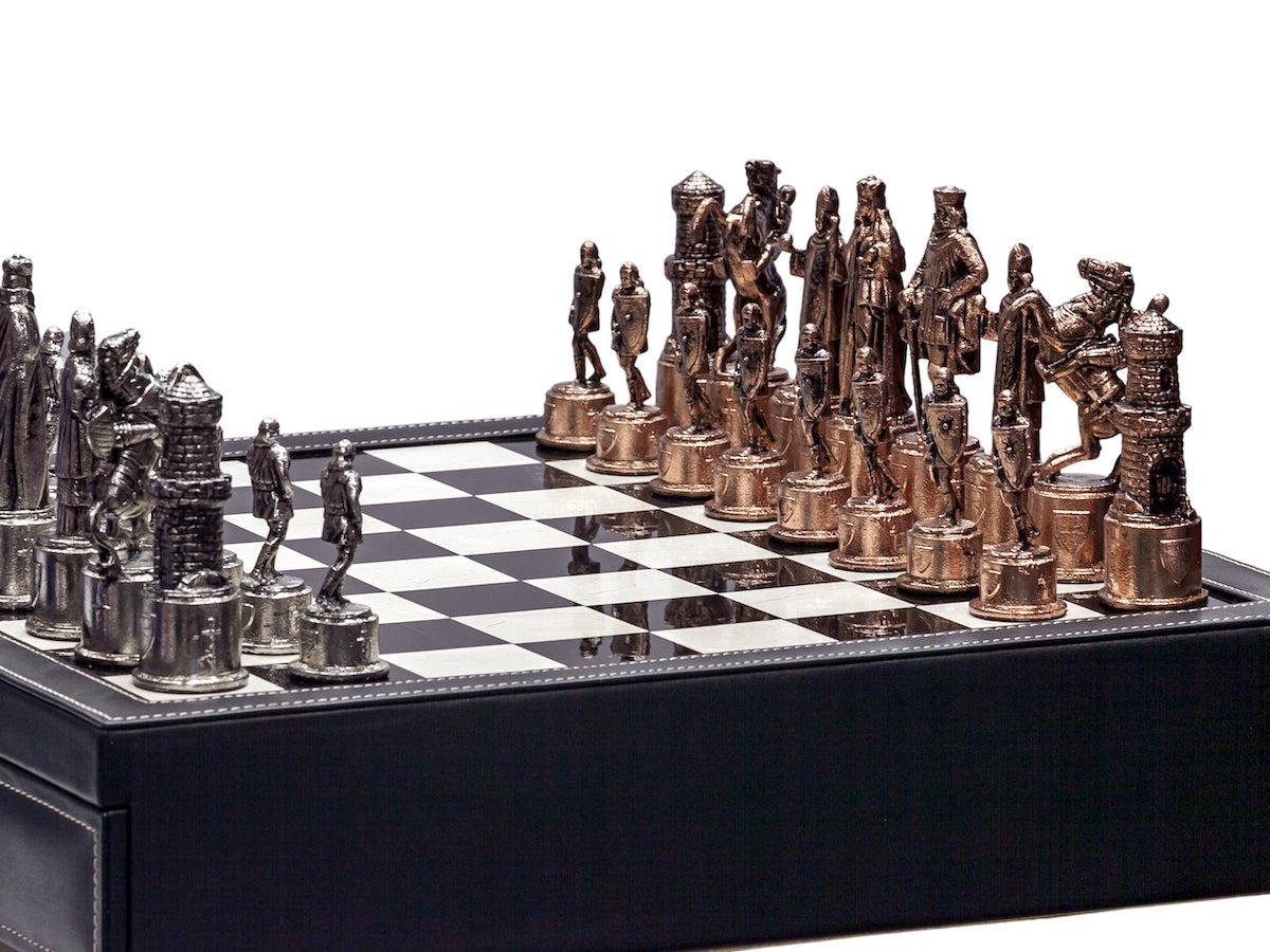 Luxury black leather and marble chess set board with roman chessmen –