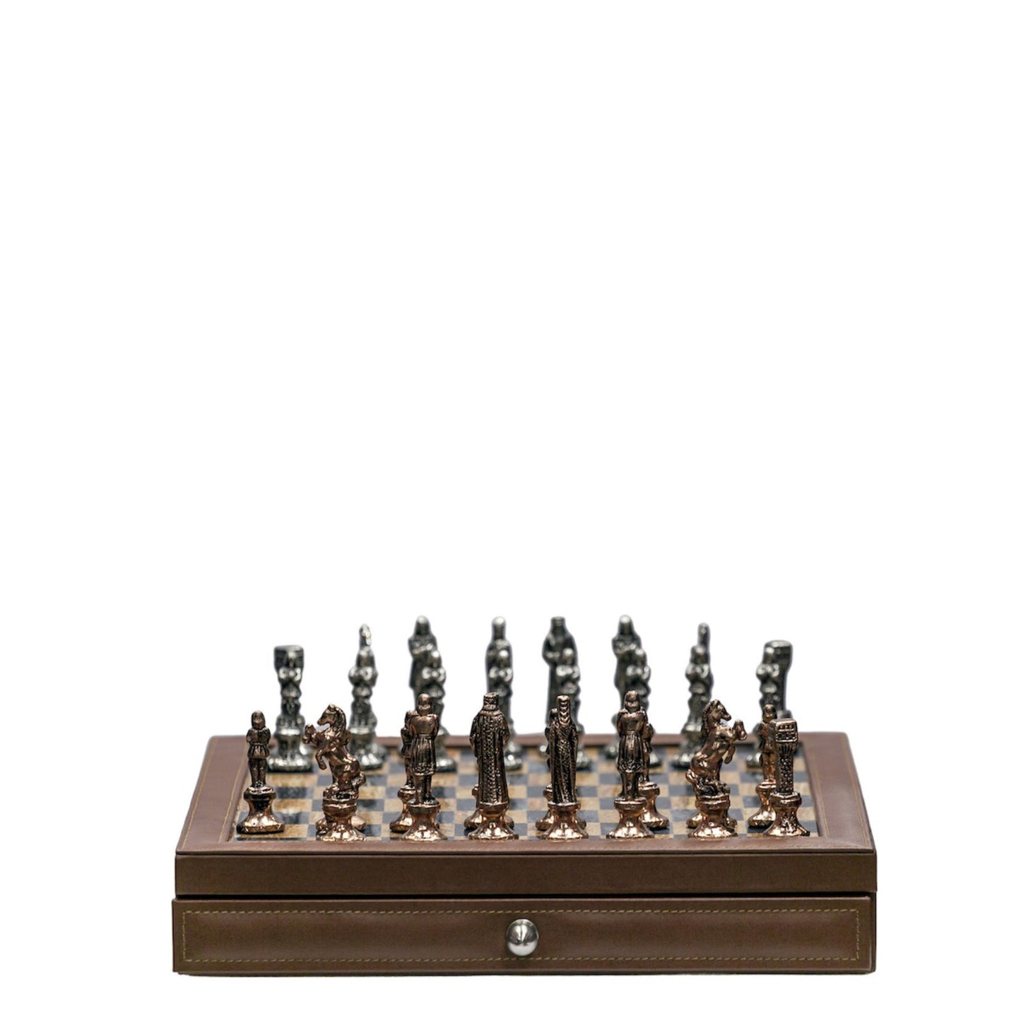 Luxury brown leather and marble chess set board with roman chessmen