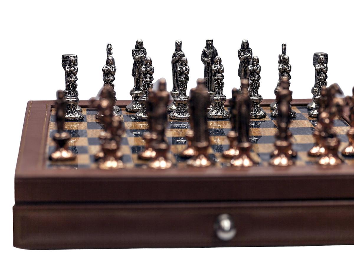 Luxury brown leather and marble chess set board with roman chessmen