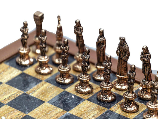 Luxury brown leather and marble chess set board with roman chessmen-Kuet.us