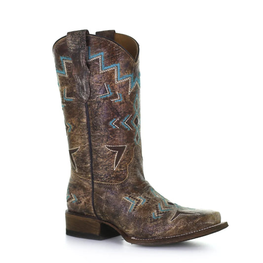 E1052 - Corral bronze roper western cowgirl leather boots for teens