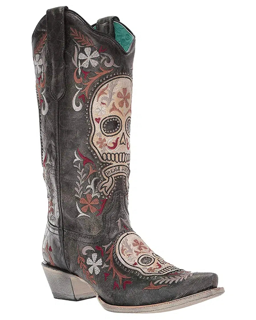 E1587 - Corral black skull western cowgirl leather boots for women-Kuet.us