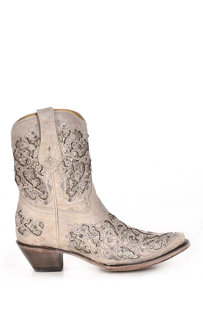 A3550-M LD WHITE GLITTER INLAY & CRYSTALS ANKLE BOOTS-Kuet