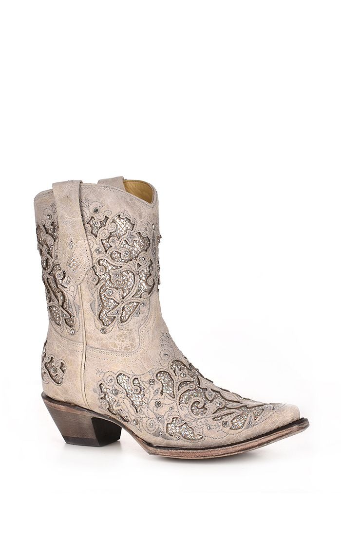 A3550-M LD WHITE GLITTER INLAY & CRYSTALS ANKLE BOOTS-Kuet