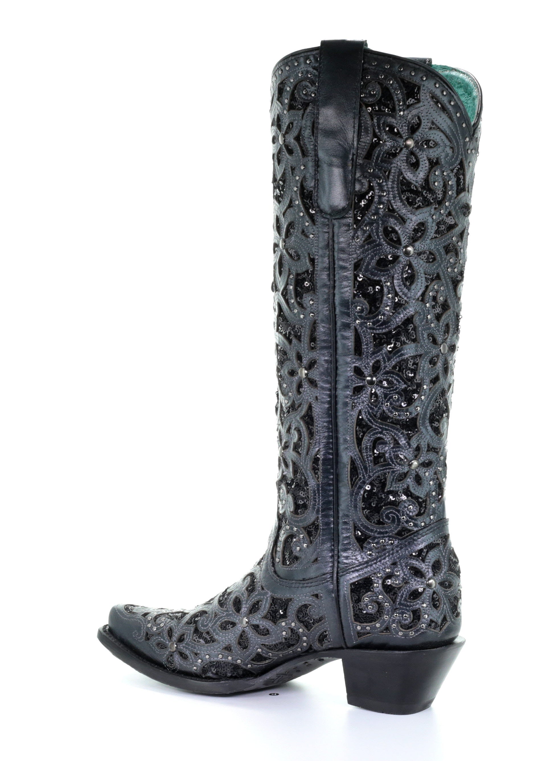 A3589 - Corral black western cowgirl leather sequins knee-high boots for women-Kuet.us