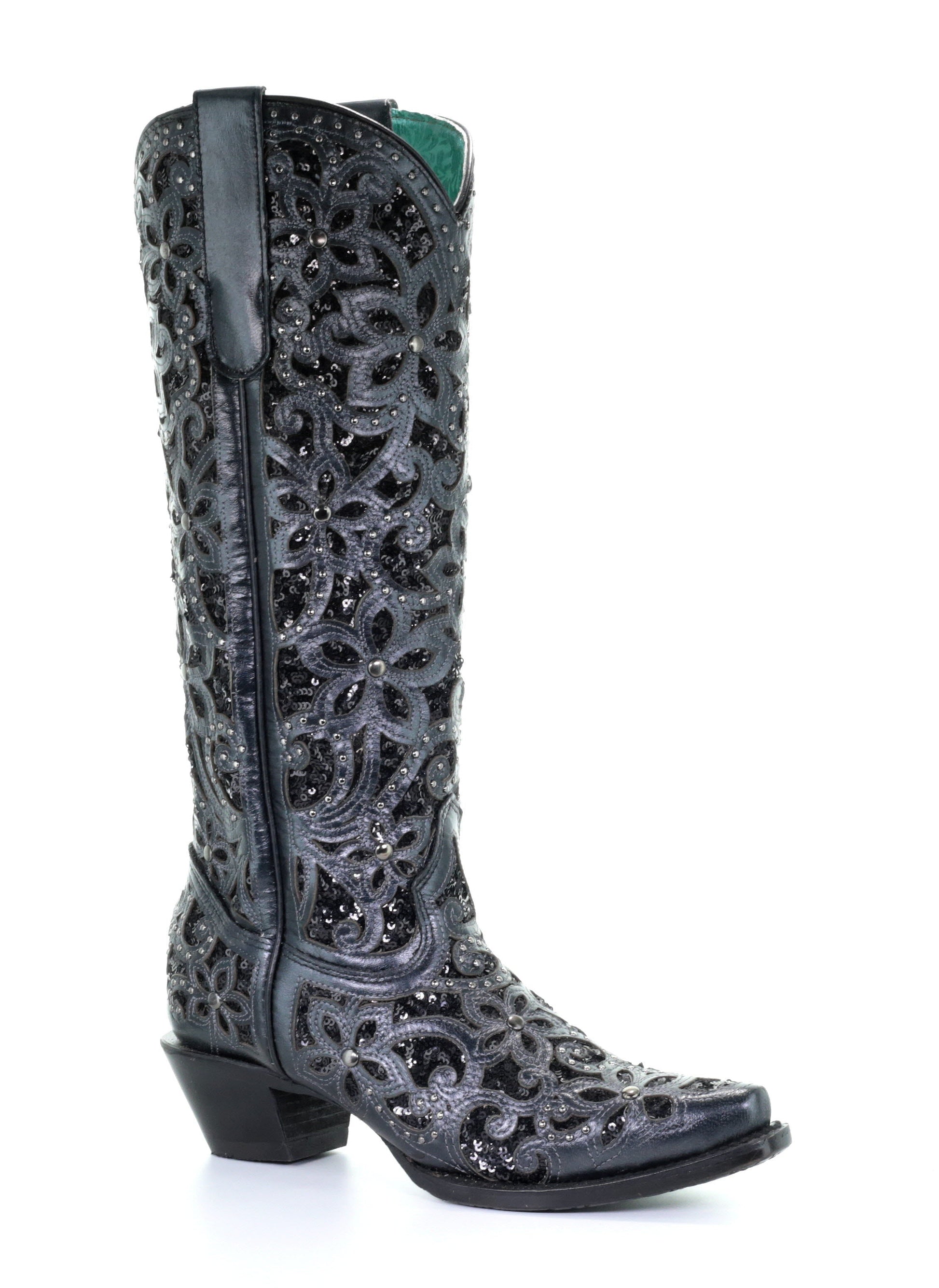 A3589 - Corral black western cowgirl leather sequins knee-high boots for women-Kuet.us