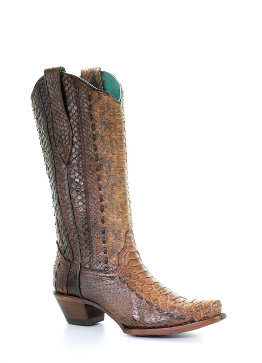 A3659 - Corral brown western cowboy python leather boots for women-Kuet.us