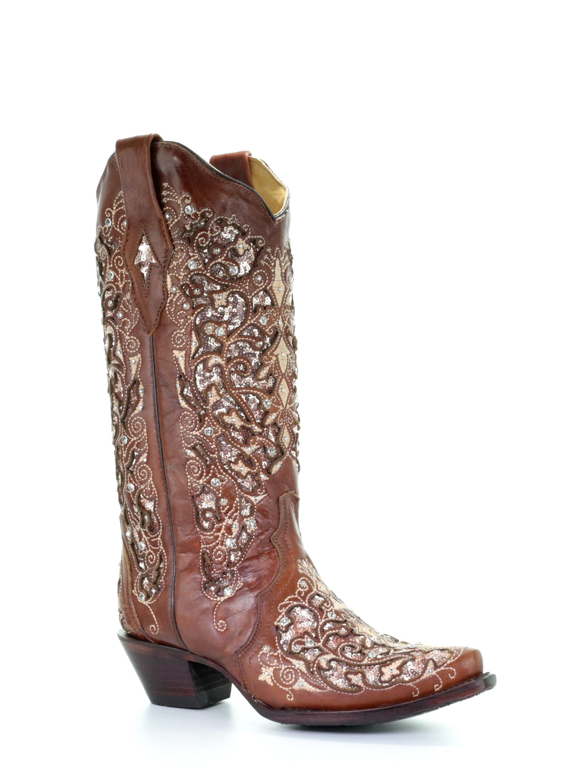 A3671 - Corral brown western cowgirl leather boots for women-Kuet.us