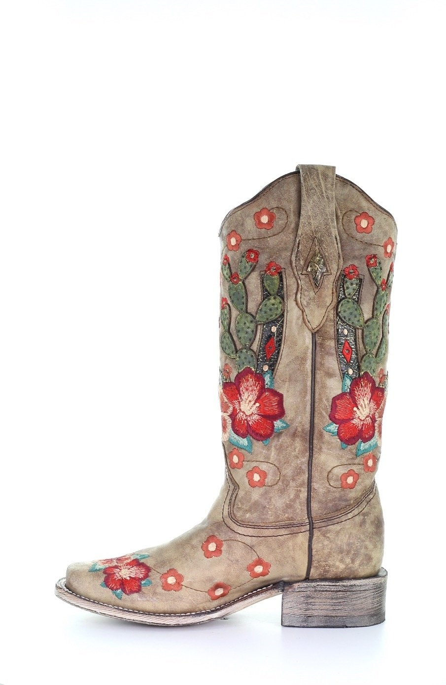 A3769 LD TAUPE CACTUS OVERLAY & FLOWERED EMBROIDERY SQ. TOE-Kuet.us