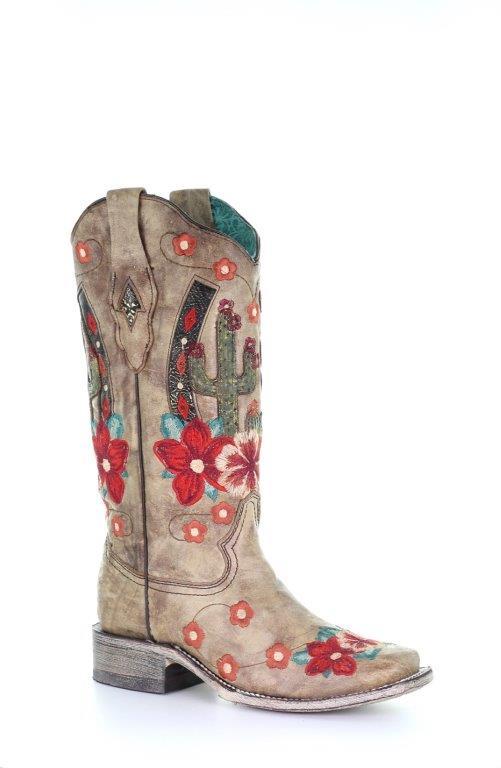 A3769 LD TAUPE CACTUS OVERLAY & FLOWERED EMBROIDERY SQ. TOE-Kuet