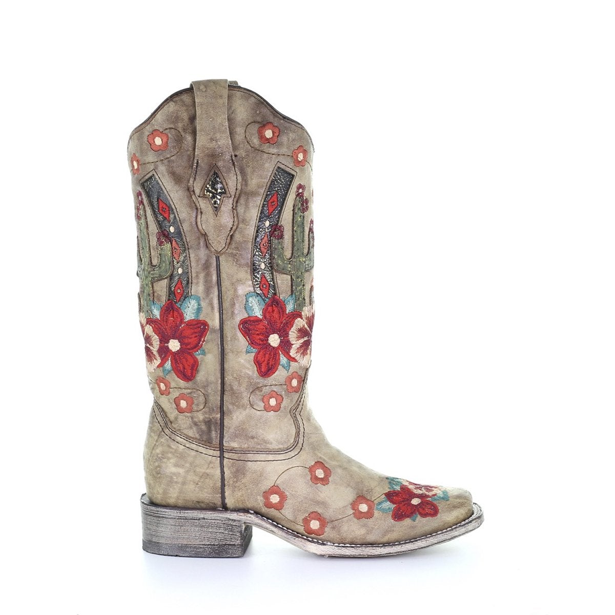 A3769 LD TAUPE CACTUS OVERLAY & FLOWERED EMBROIDERY SQ. TOE-Kuet.us