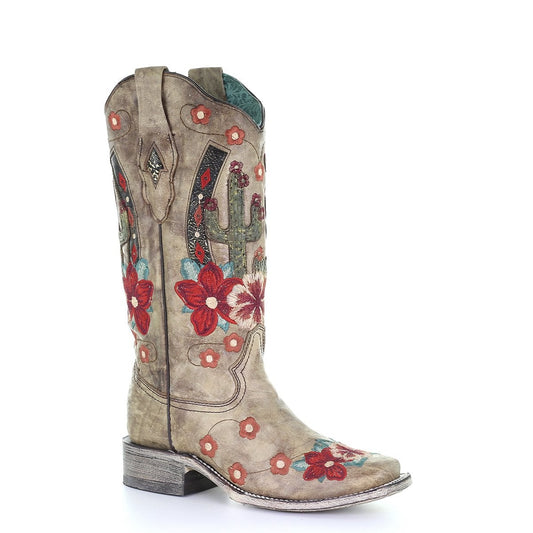 A3769 LD TAUPE CACTUS OVERLAY & FLOWERED EMBROIDERY SQ. TOE-Kuet.us