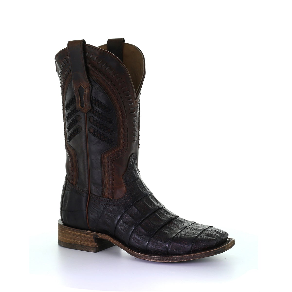 A3878 - MN OIL BROWN CAIMAN EMBROIDERY & WOVEN SHAFT SQ. TOE-kuet
