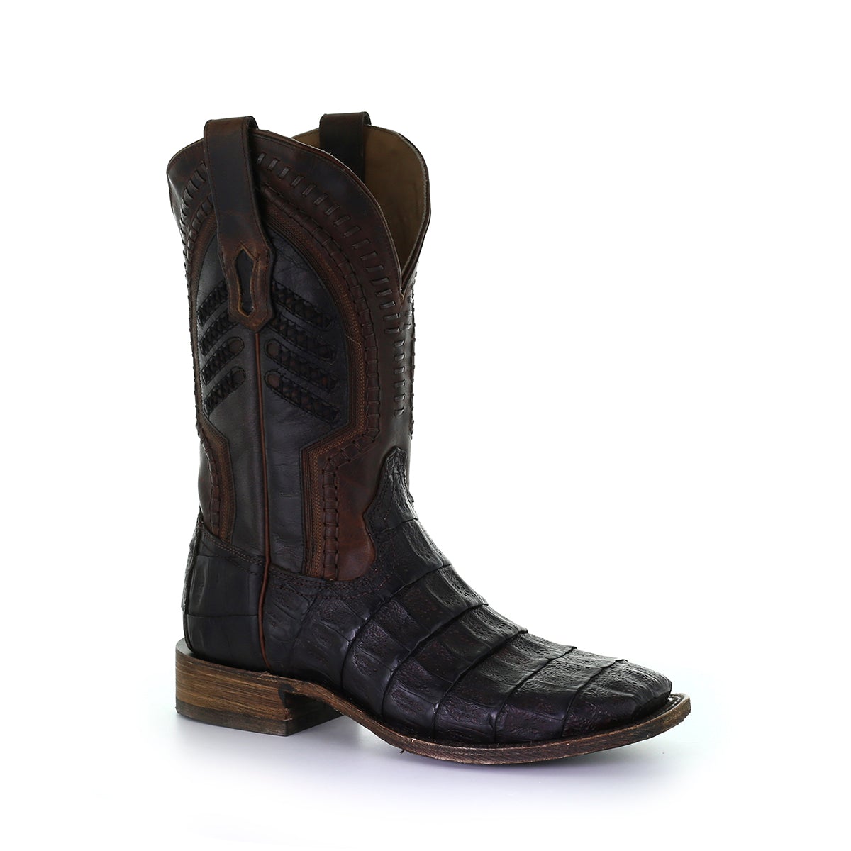 A3878 - MN OIL BROWN CAIMAN EMBROIDERY & WOVEN SHAFT SQ. TOE-kuet