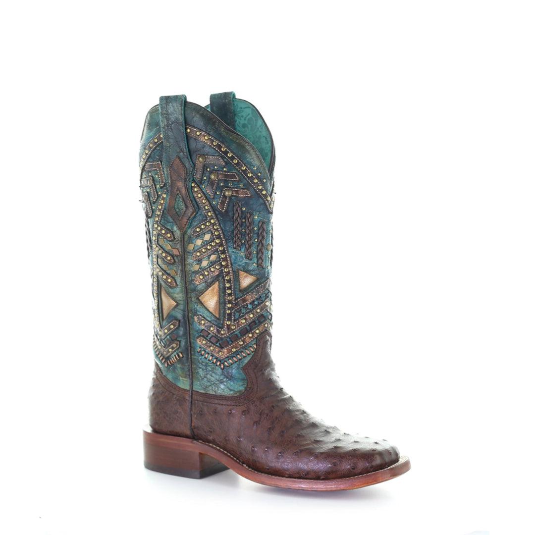 A4059 - Corral brown western cowgirl ostrich boots for women-Kuet.us