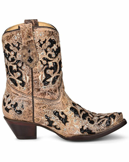 A4190 BROWN INLAY & EMBROIDERY & STUDS & CRYSTALS ANKLE BOOTS FOR WOMEN-Kuet.us