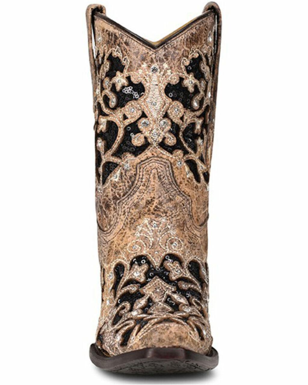 A4190 BROWN INLAY & EMBROIDERY & STUDS & CRYSTALS ANKLE BOOTS FOR WOMEN-Kuet.us
