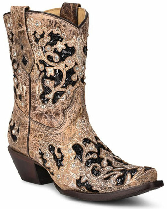 A4190 BROWN INLAY & EMBROIDERY & STUDS & CRYSTALS ANKLE BOOTS FOR WOMEN-Kuet.us